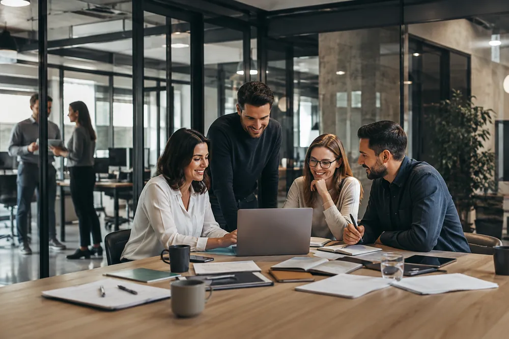 Team bespricht sich an einem Arbeitstisch im Büro