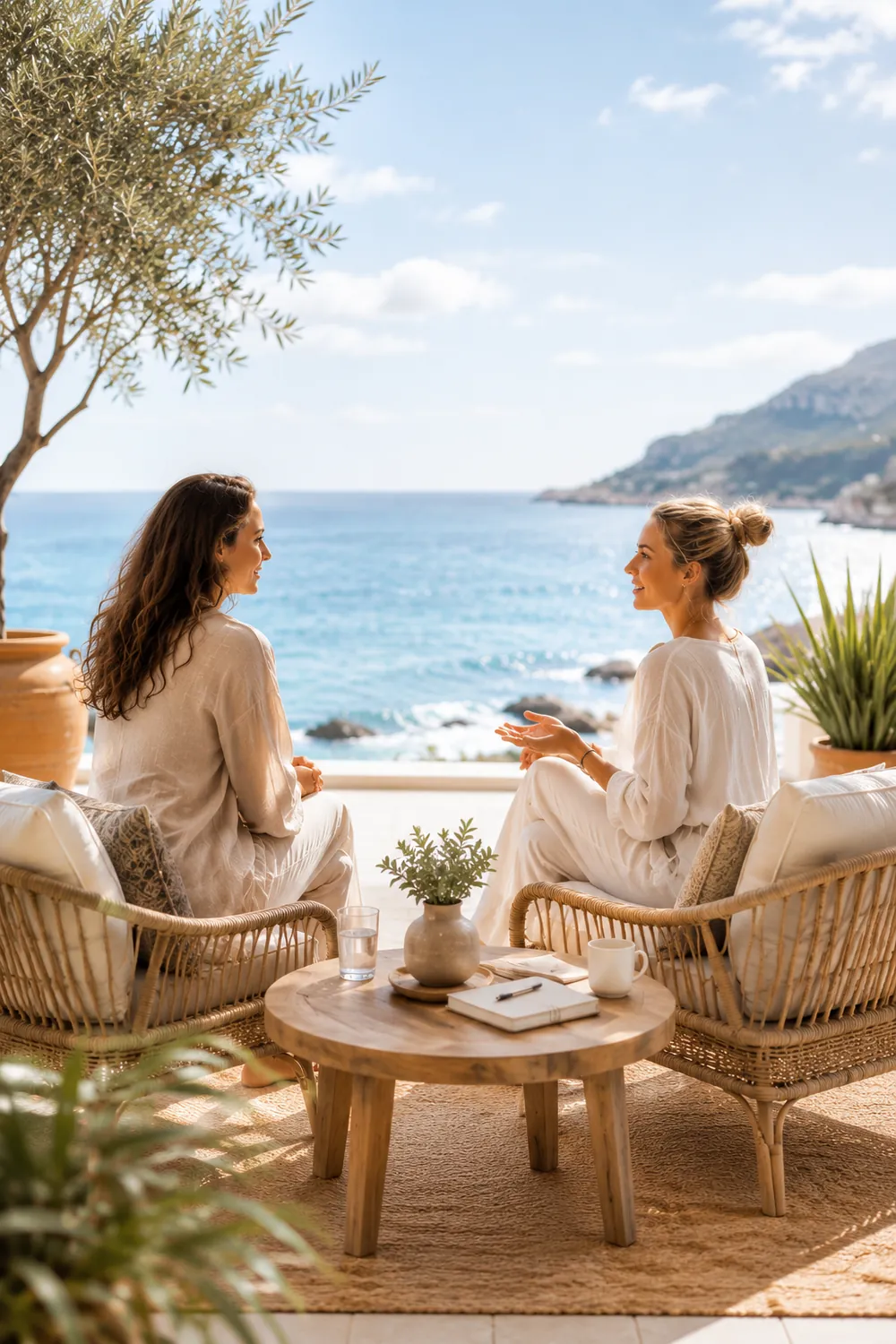 Zwei Frauen im Gespräch auf einer Terrasse mit Blick aufs Meer