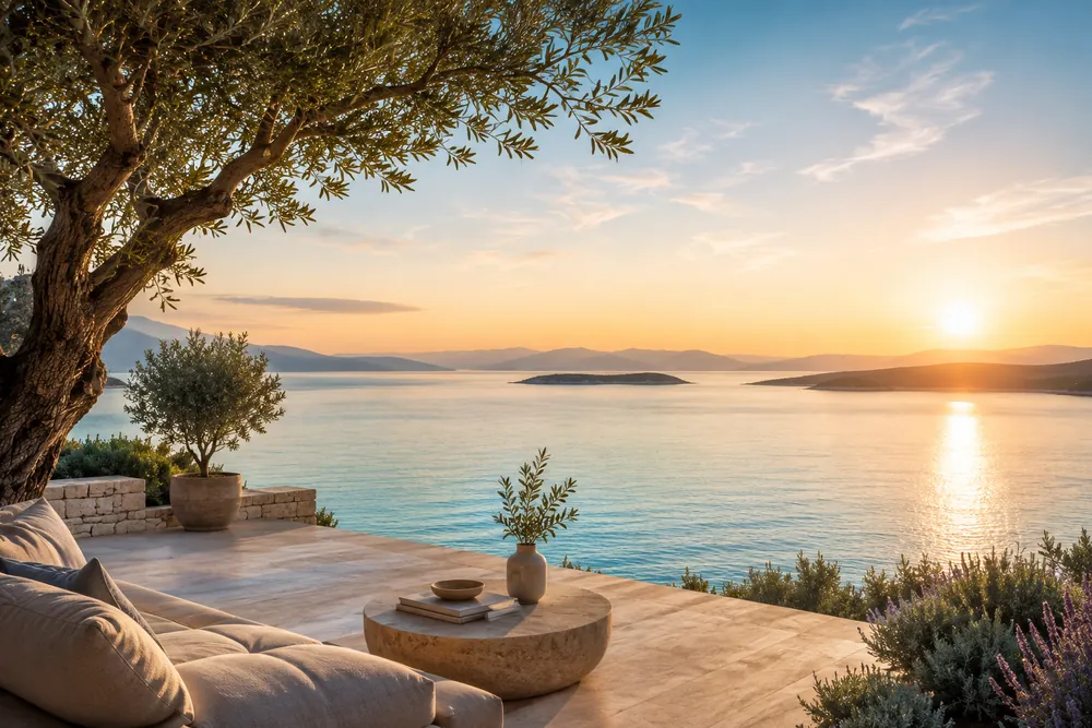 Terrasse mit Olivenbaum und Blick auf das Meer bei Sonnenuntergang