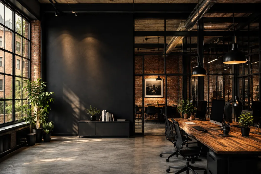Modernes Büro mit langem Arbeitstisch und großen Fenstern